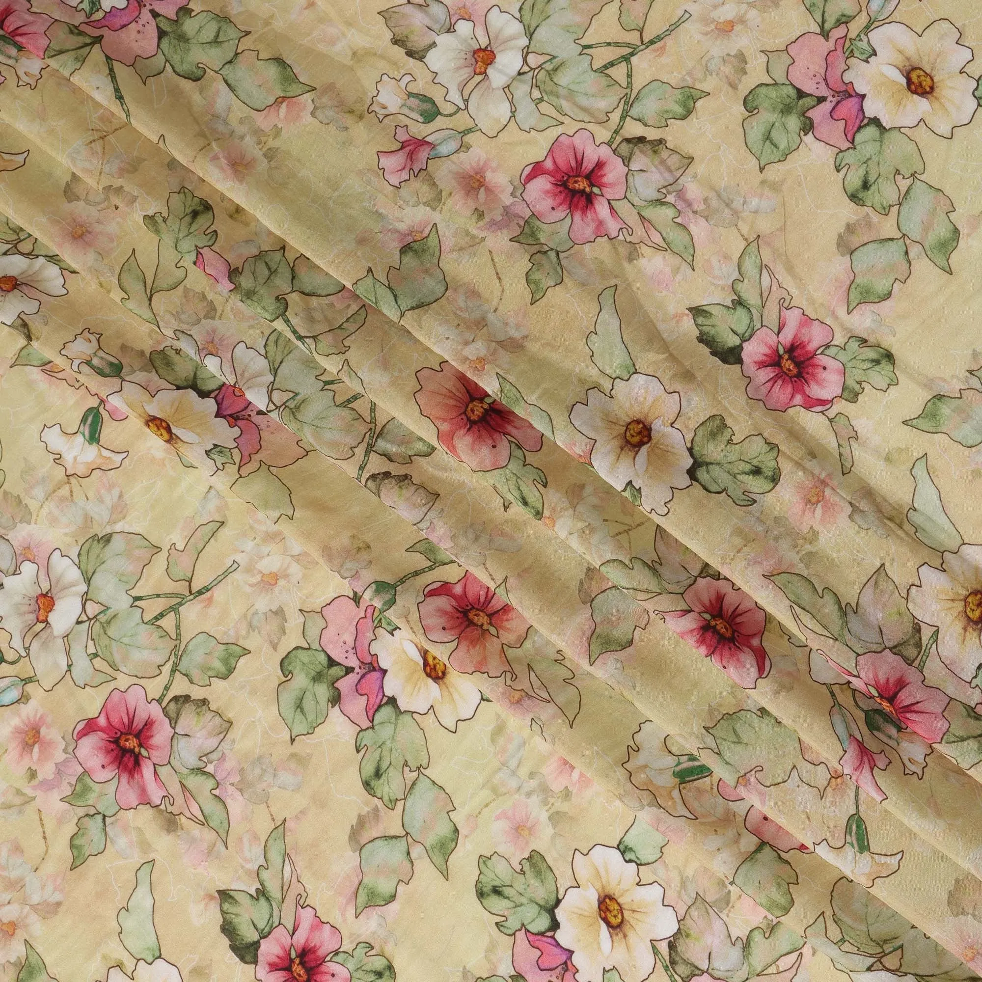 Yellow Viscose Cotton Digital Printed Fabric with Floral Design, 110 cm Width-D21340